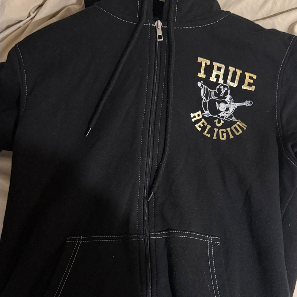 True Religion Black Zip-Up with Gold and White Logo